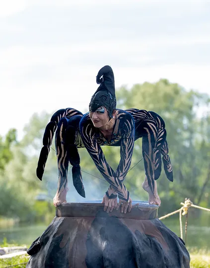 Hexe Roxana Spinne auf qualmendem Kokon